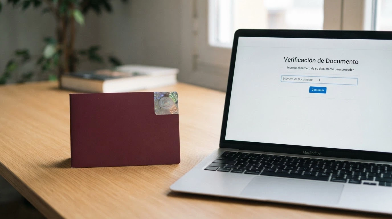 Documento nacional de identidad español junto a un formulario de verificación en la pantalla de un ordenador